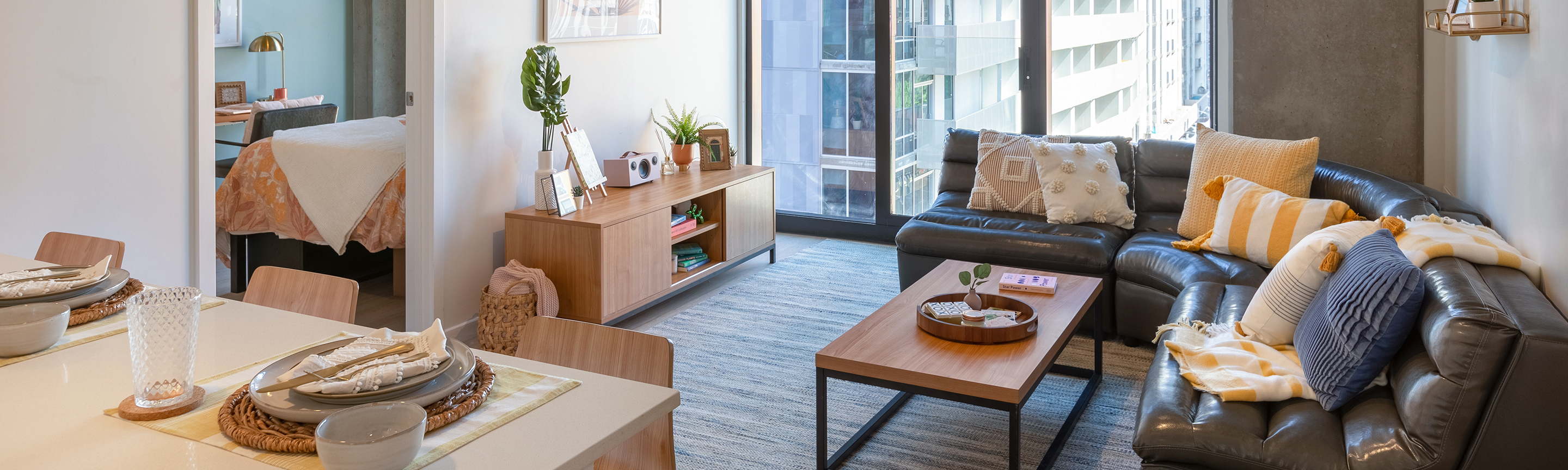 A living room with a coffee table